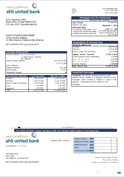 Download Bahrain Ahli United bank mortgage statement scr Photoshop template